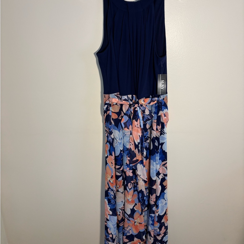 SLNY Navy Dress with Floral Accents